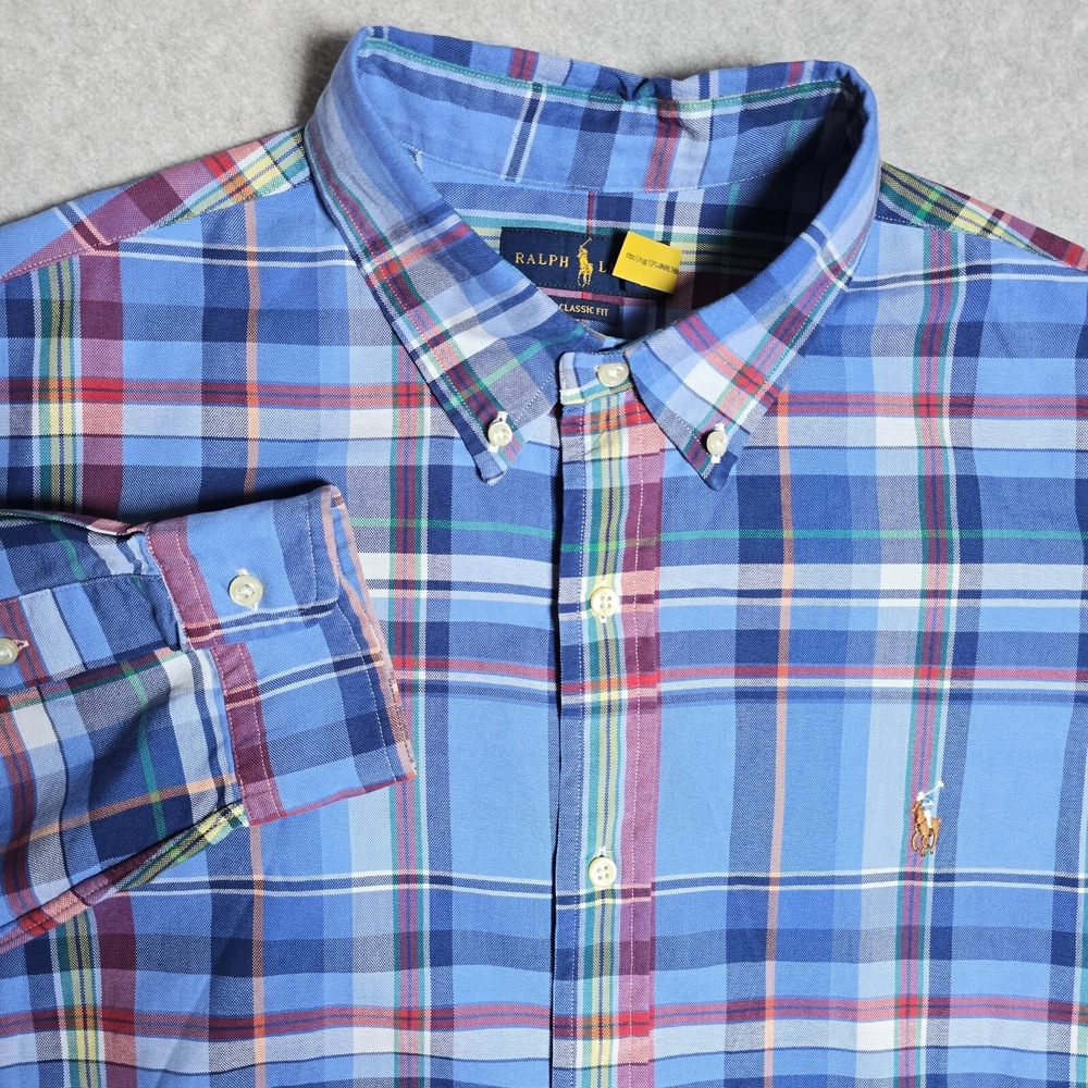 Ralph Lauren Classic Mens Size XL Plaid Preppy Flesh Pony Button Down L Sleeve